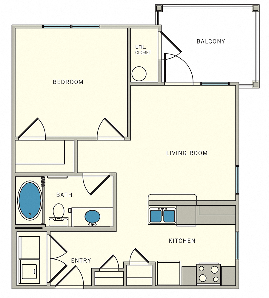 Floor plan for 1 bed, 1 bath, 589 sqft